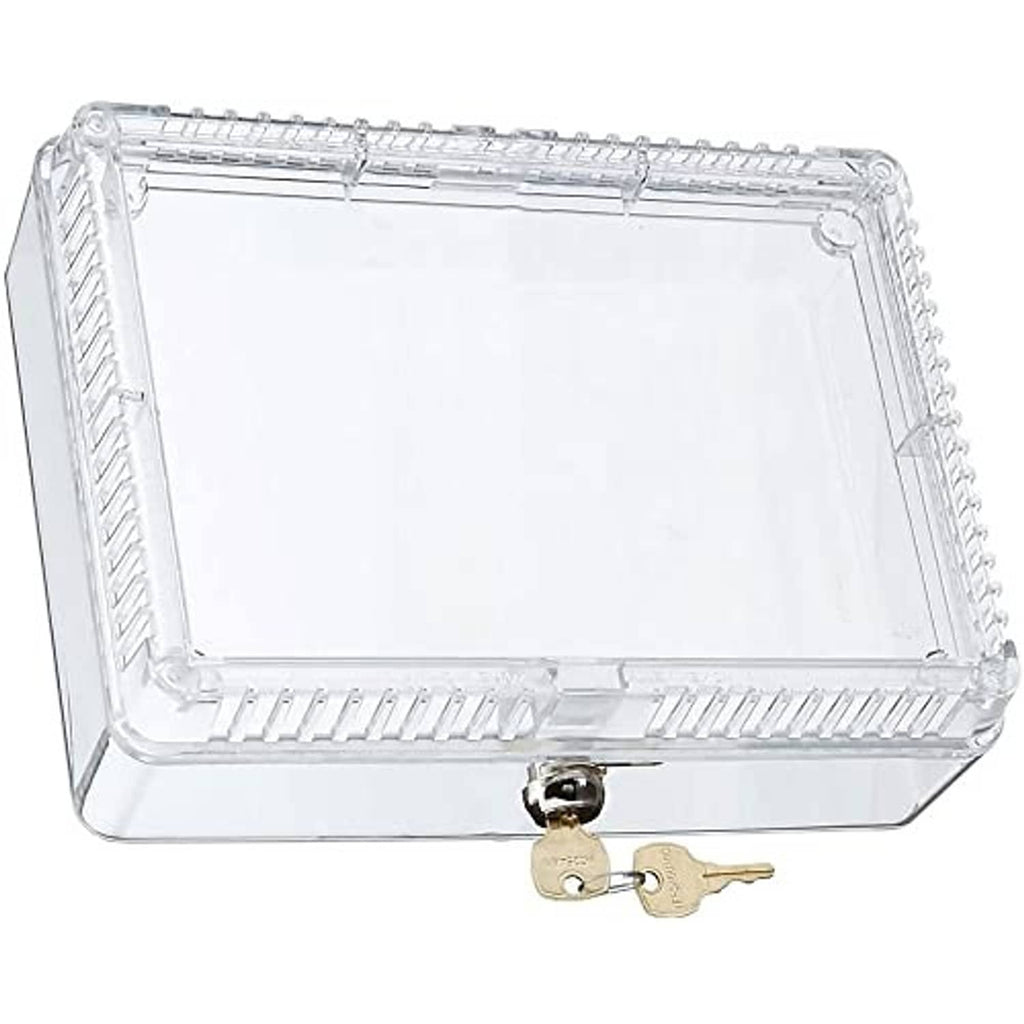 Clear rectangular thermostat guard with hinged front and key lock hardware
