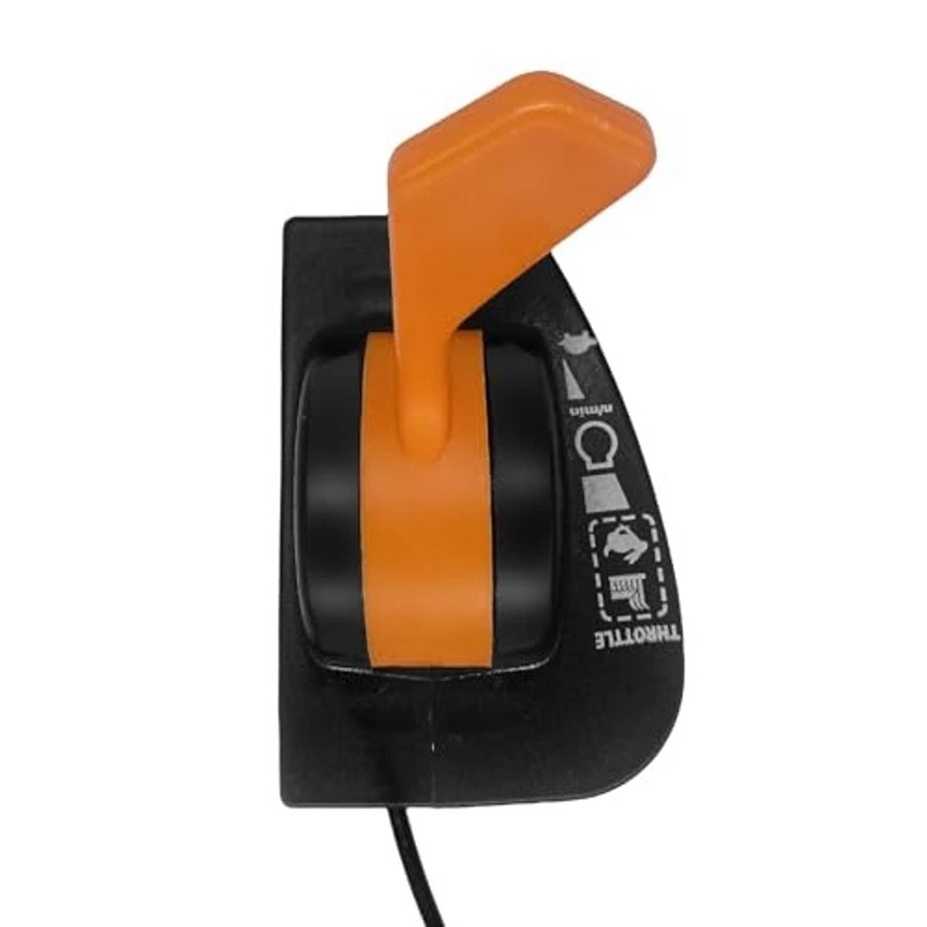 Throttle control cable end with orange lever and black control housing