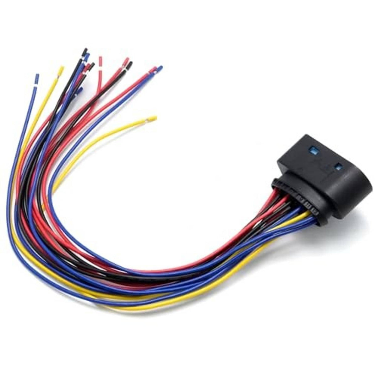 14-pin headlight connector pigtail plug with multicolor wires and black connector housing