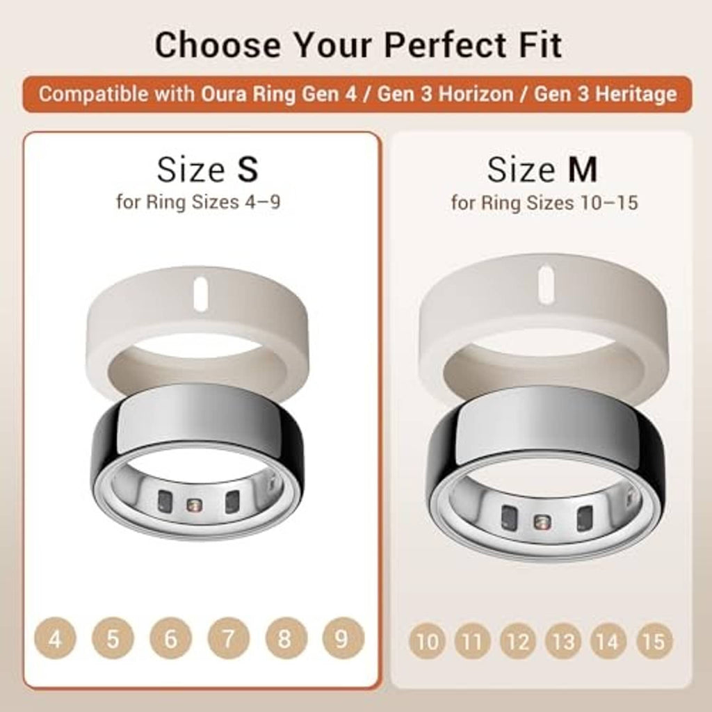 Size S and size M silicone charging cover bands with Oura Ring cutout sizing chart
