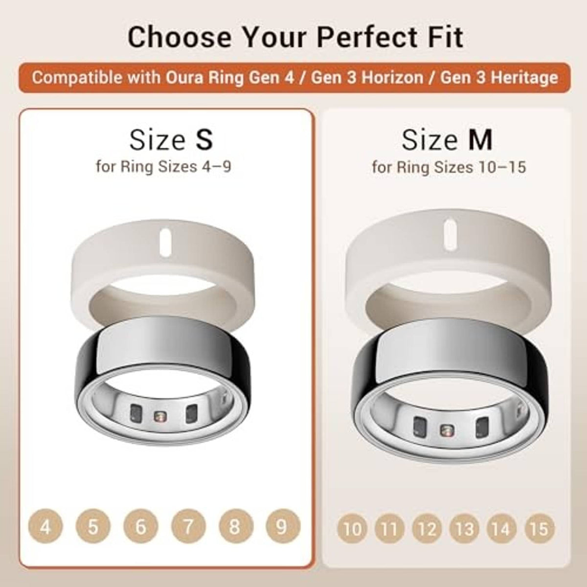 Size S and size M silicone charging cover bands with Oura Ring cutout sizing chart