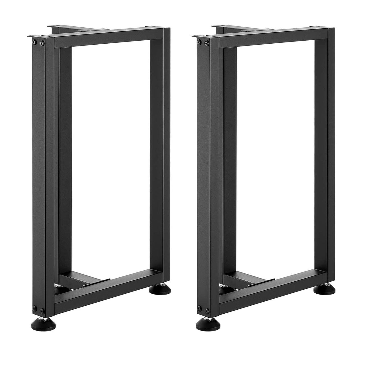 Black steel table leg frames with T-style crossbar and four leveling feet, set of 2