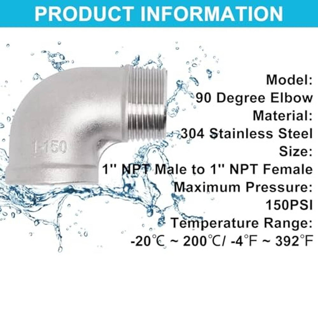 Stainless steel 90-degree elbow pipe fitting with 1 in NPT male-to-female threads