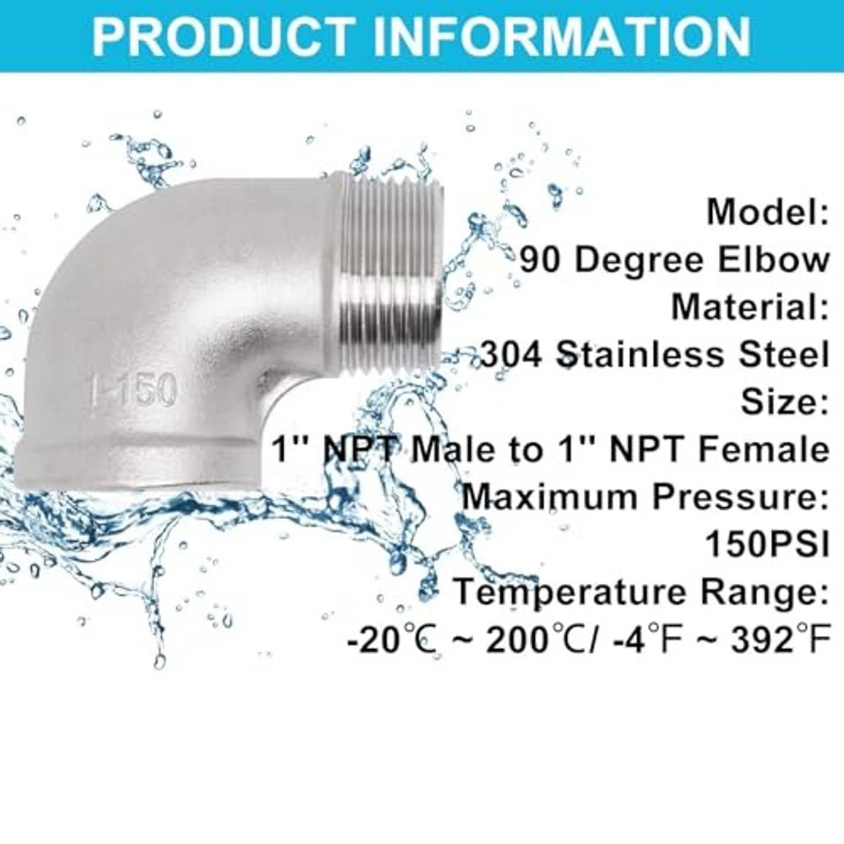 Stainless steel 90-degree elbow pipe fitting with 1 in NPT male-to-female threads