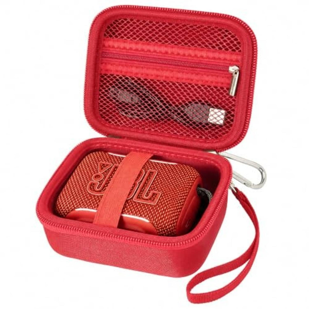 Red hard EVA speaker case open with mesh pocket and molded protective insert, strap attached