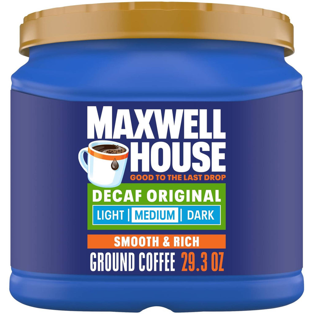 Maxwell House Decaf Original medium roast ground coffee jar, blue with gold lid.