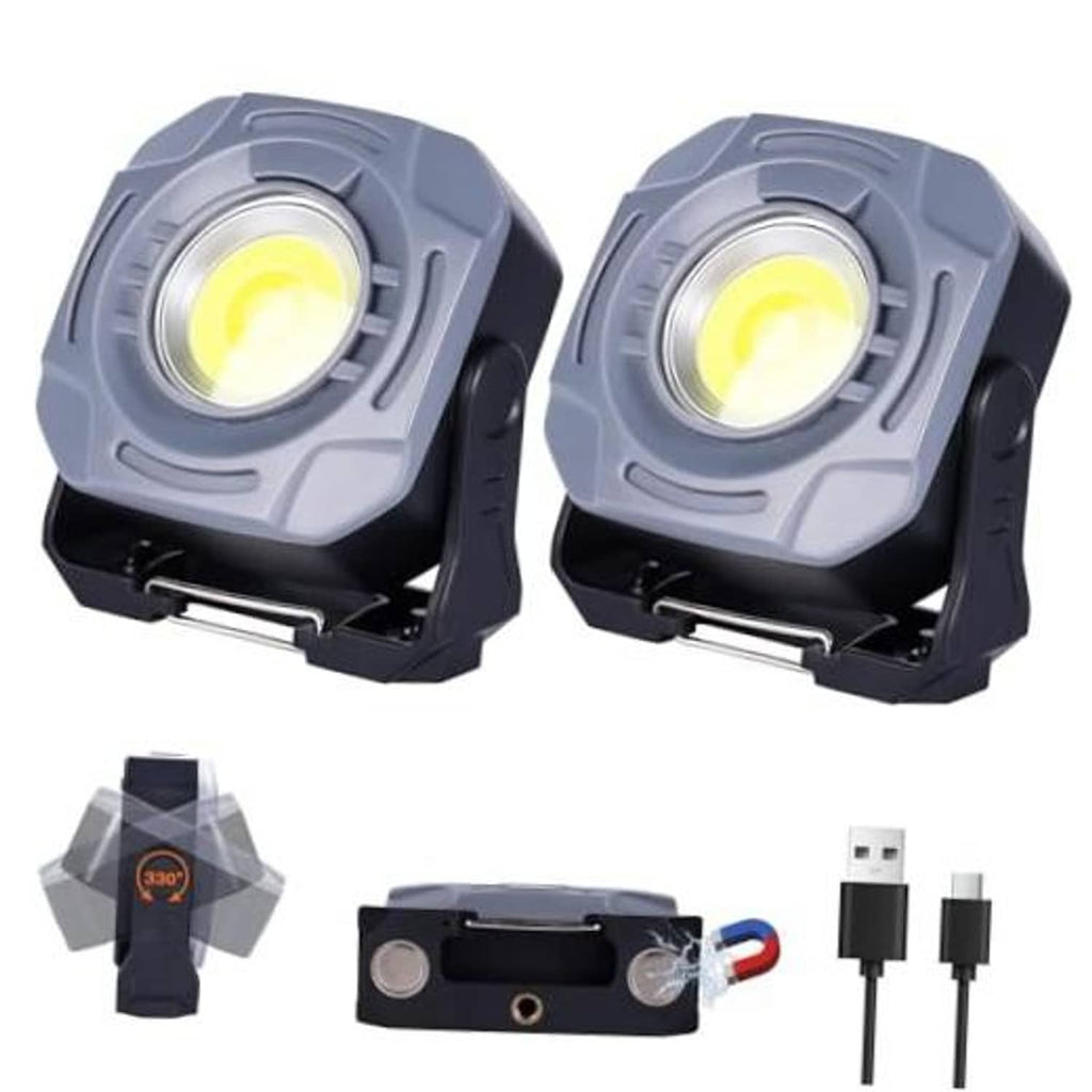 Gray magnetic rechargeable work light with fold-out stand and bright round LED head