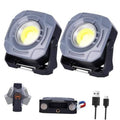 Gray magnetic rechargeable work light with fold-out stand and bright round LED head
