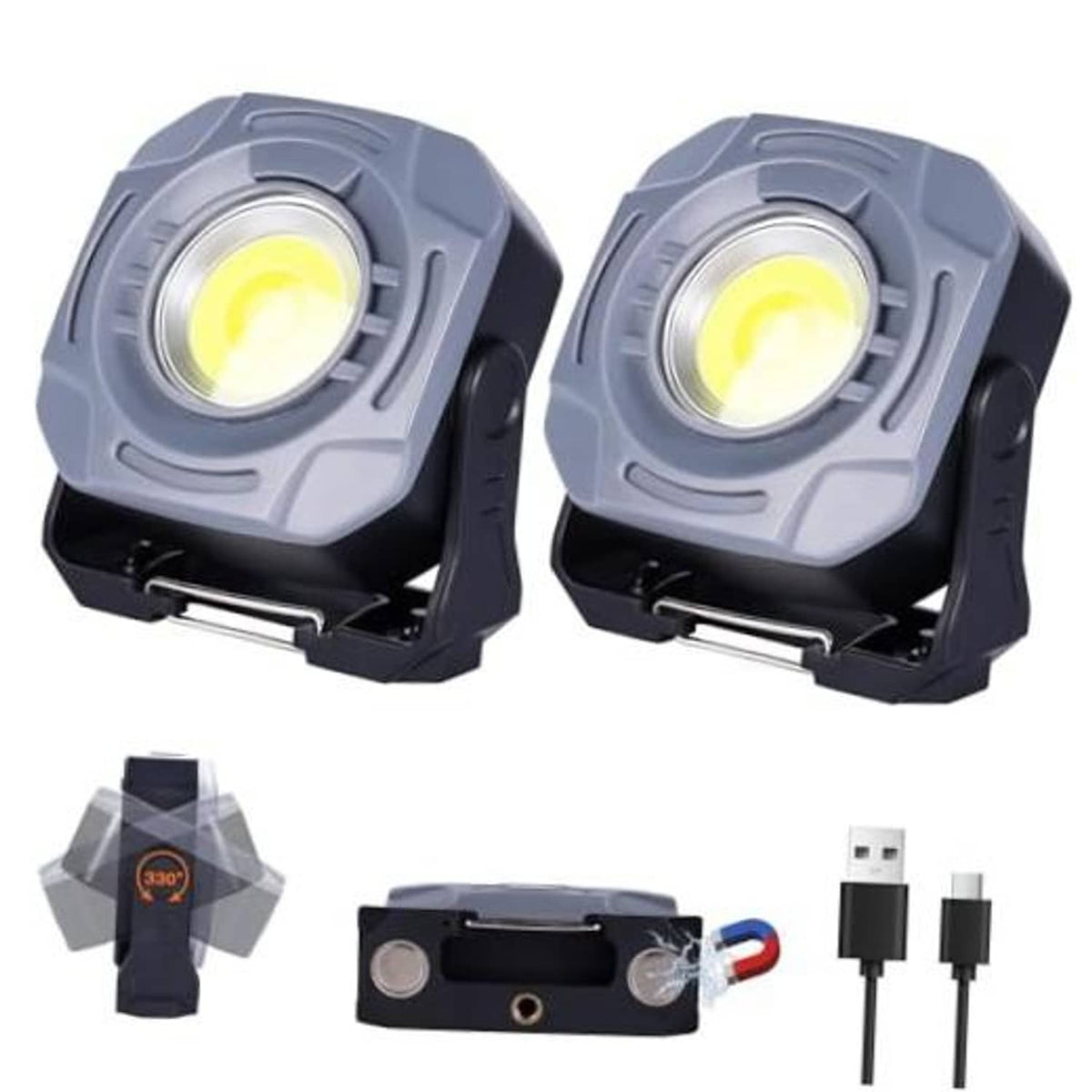 Gray magnetic rechargeable work light with fold-out stand and bright round LED head
