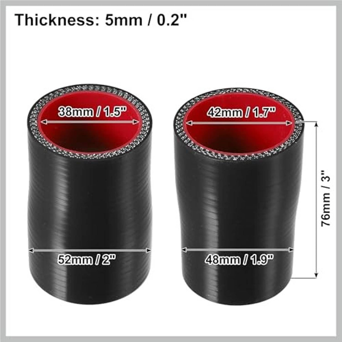 Straight silicone hose coupler, black exterior with red inner lining (two views)