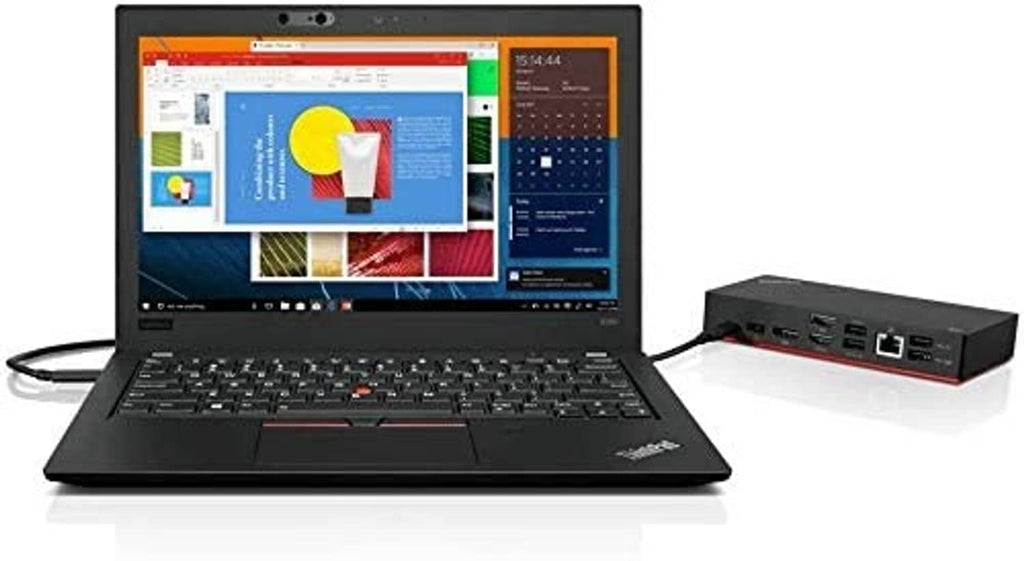 ThinkPad laptop connected to a black USB-C docking station