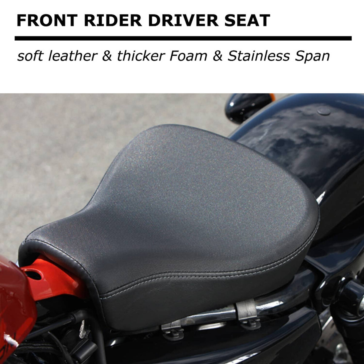 Black front rider driver seat with textured leather-look surface and visible stitching around edges.