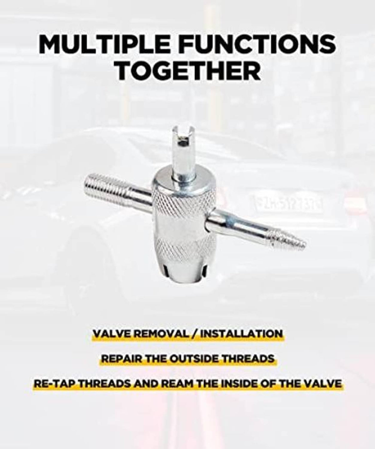 Metal valve stem tool with T-handle for removal, installation, and thread repair