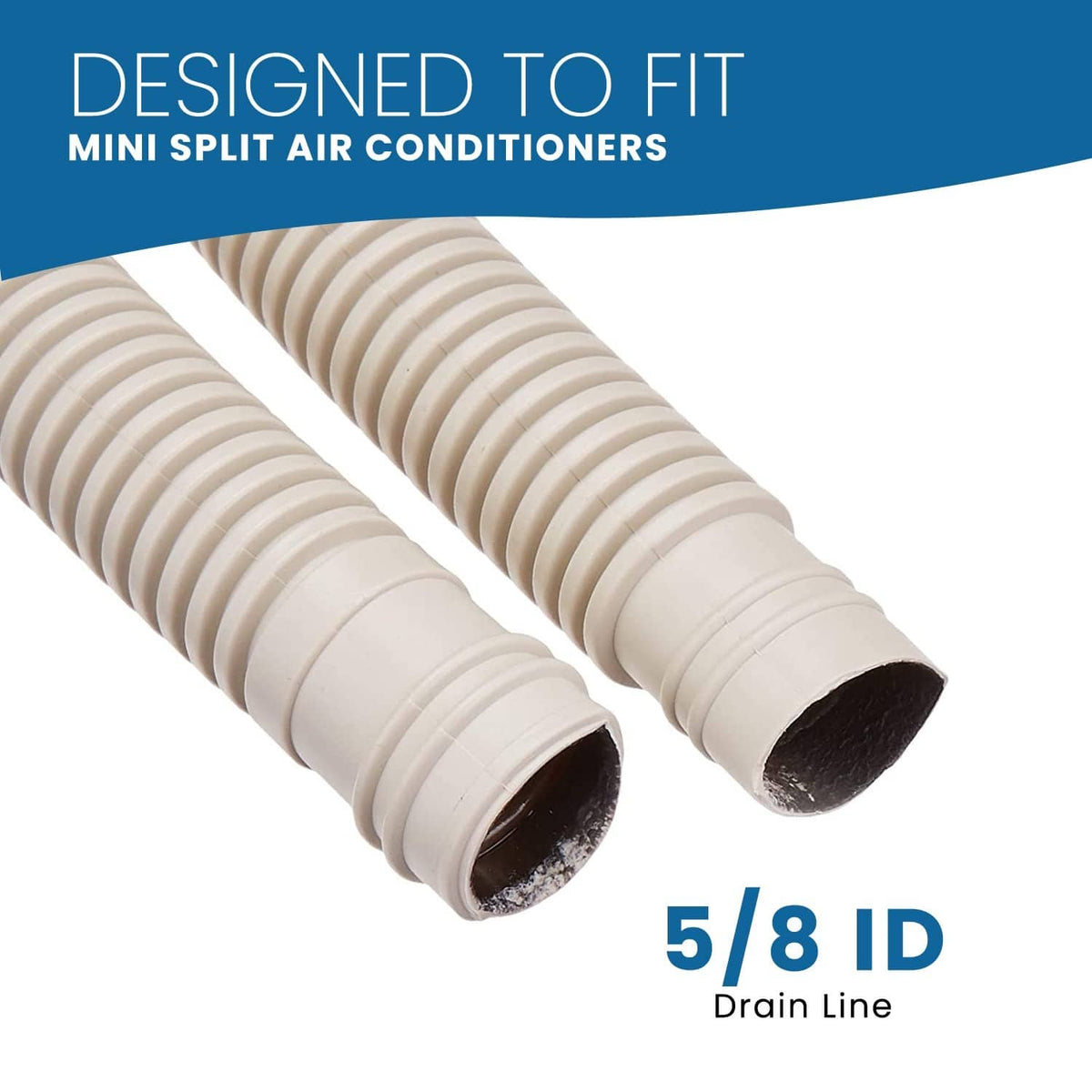 5/8 in ID corrugated drain line hose, tan, showing two cut end openings