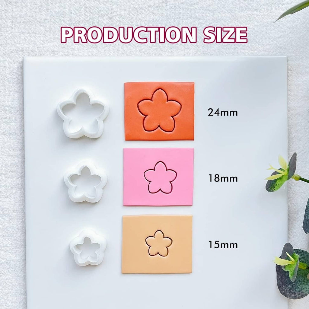 Polymer clay flower cutter size chart with white molds: 24mm, 18mm, 15mm