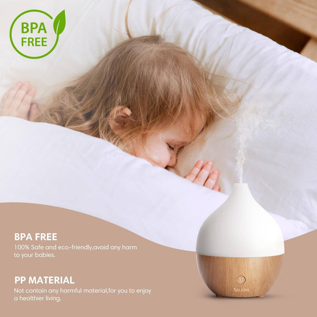 SALKING essential oil diffuser with BPA-free label, white top and wood base