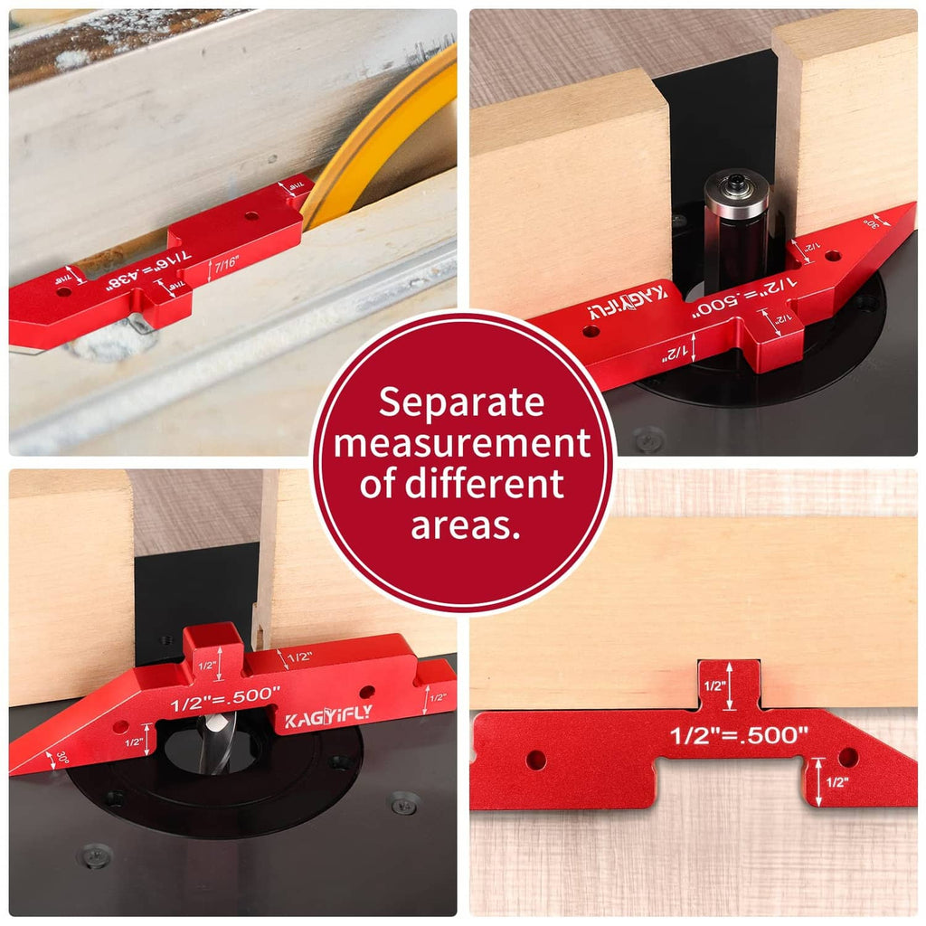 Red aluminum router setup bar jig used on a wooden workpiece
