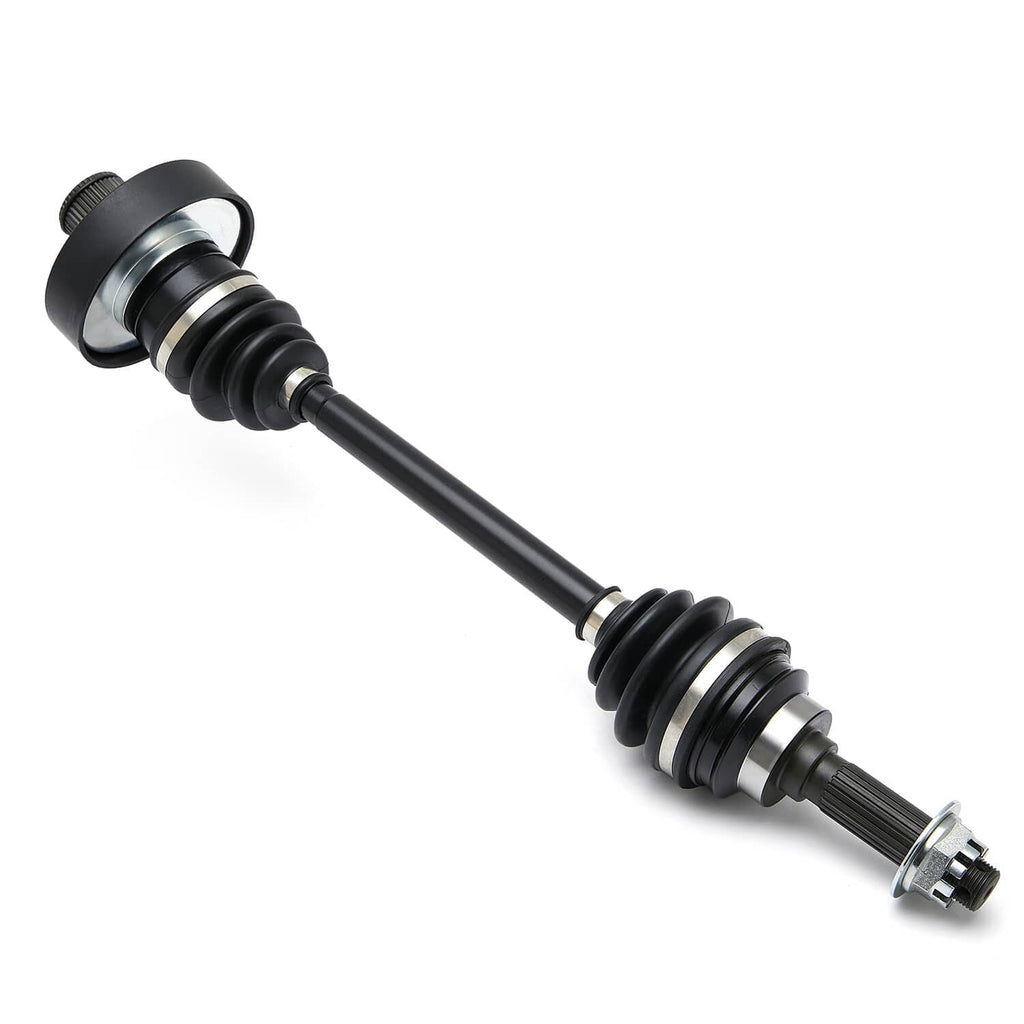 CV axle shaft with black boot and metal splined end, angled close-up