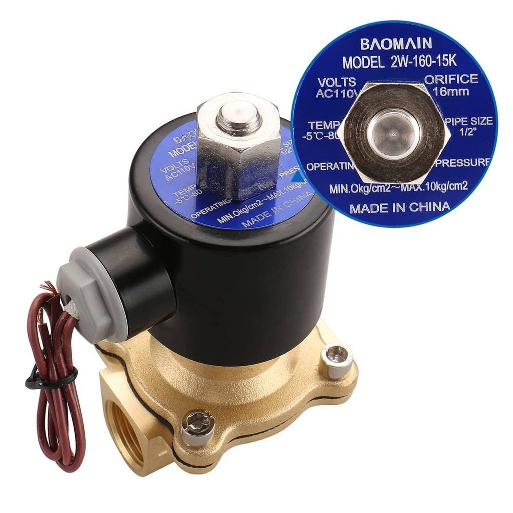 Brass electric solenoid valve with black coil and blue model label on top