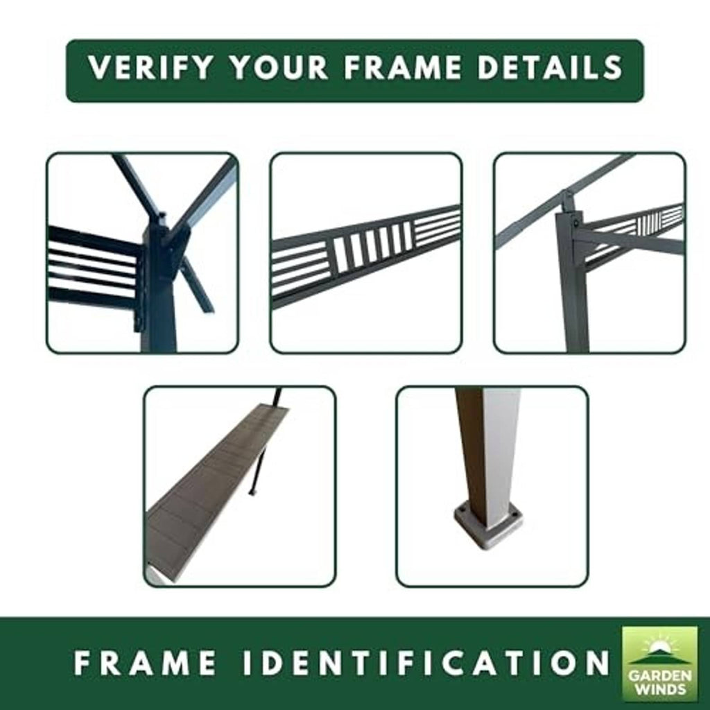Canopy frame identification guide showing matching corner posts and support details