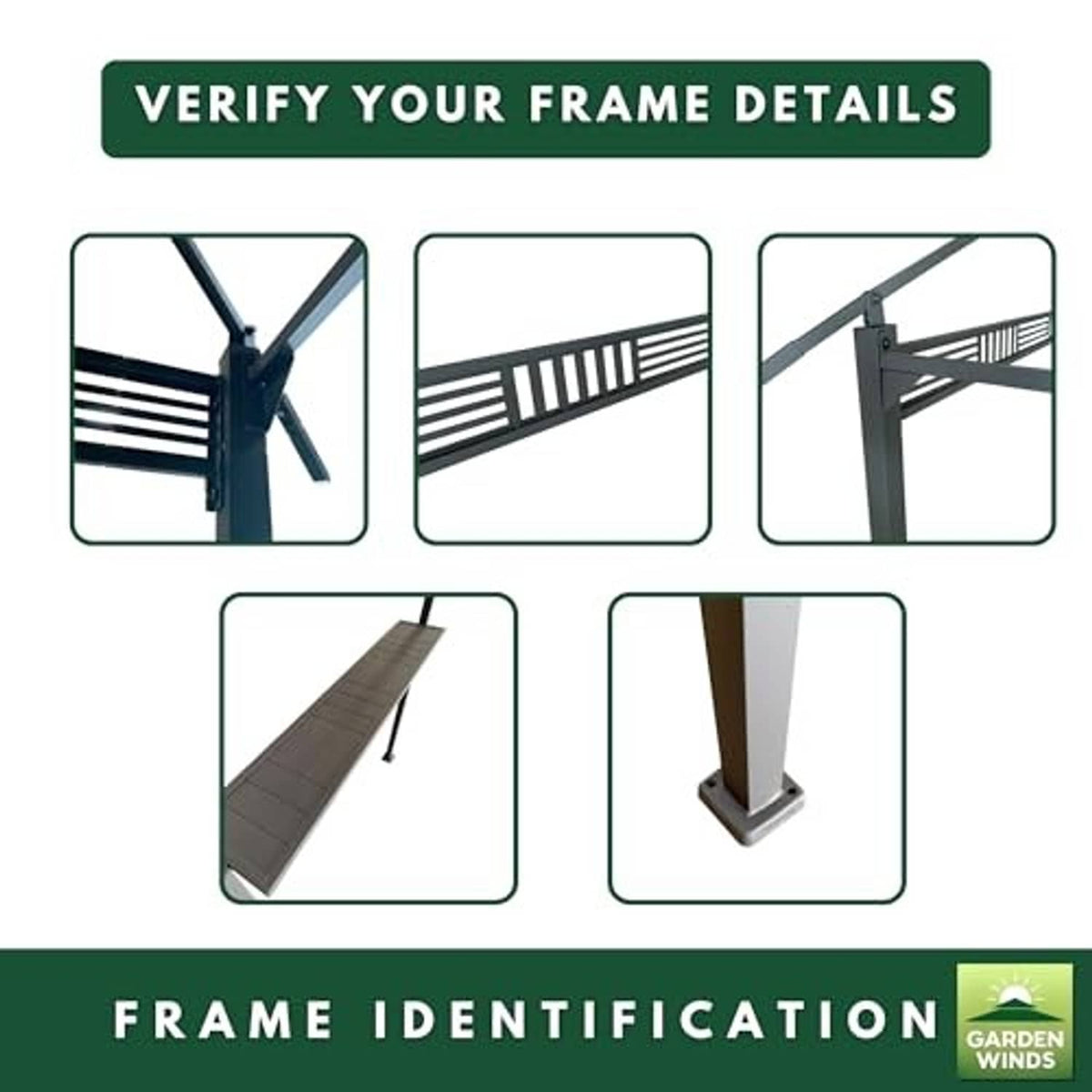 Canopy frame identification guide showing matching corner posts and support details