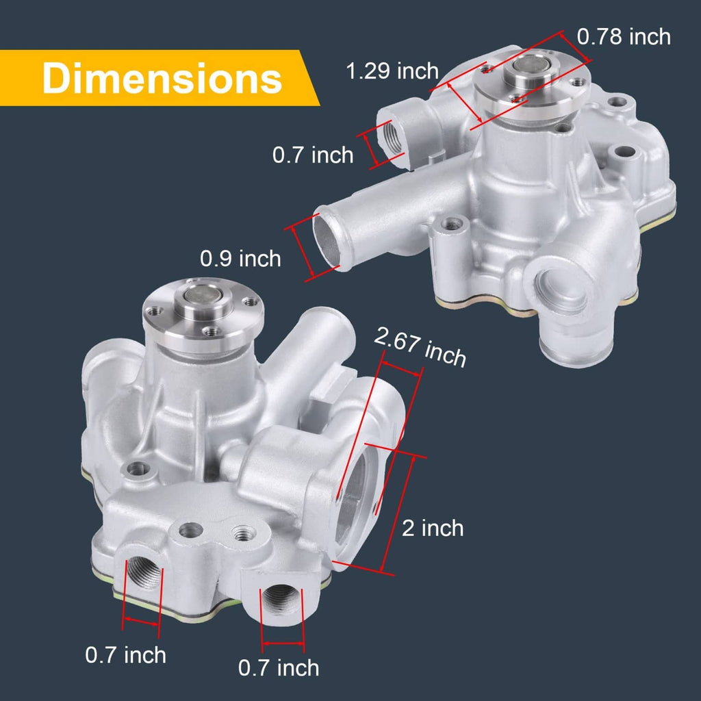 Engine water pump diagram view with red dimension lines on silver housing