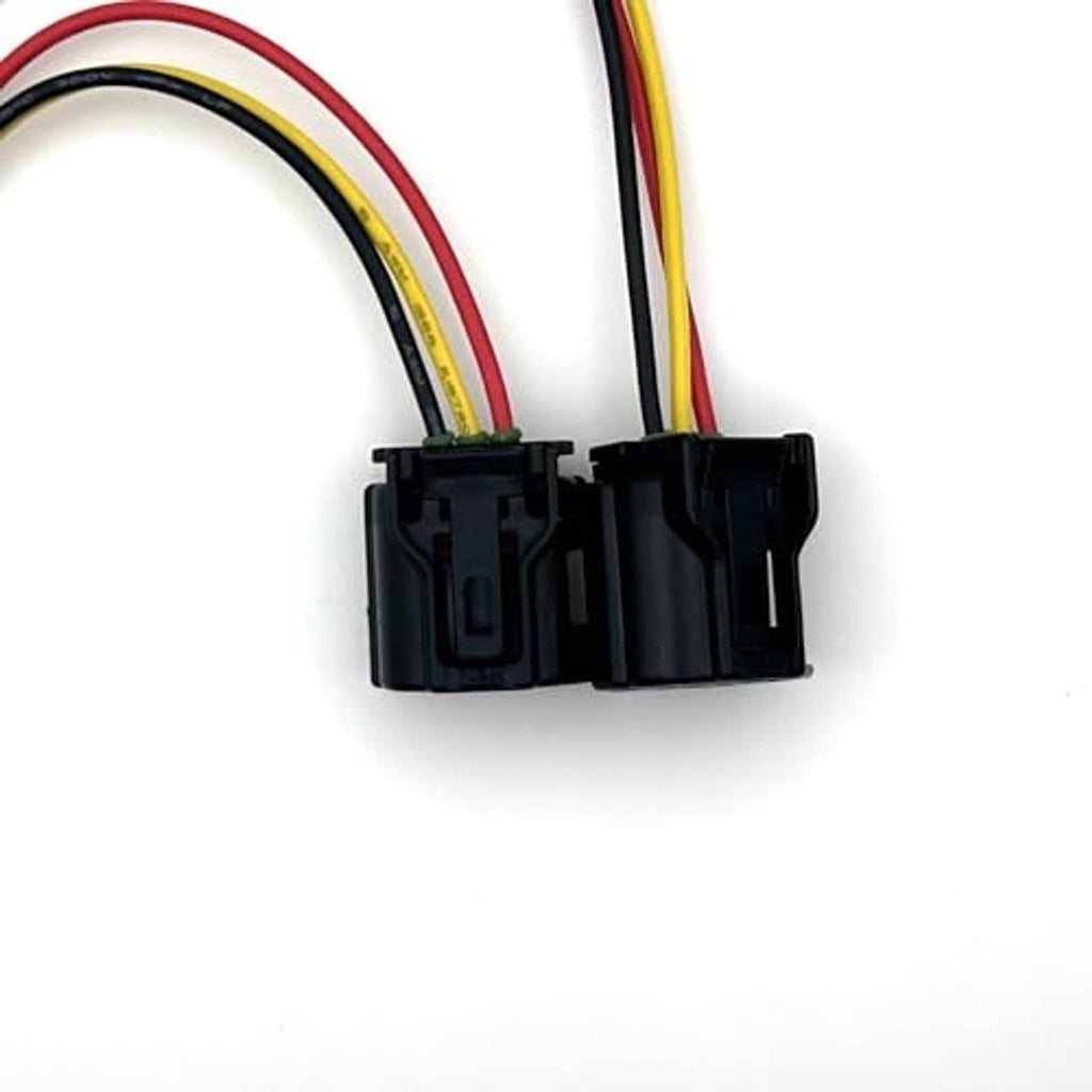 Camshaft sensor connector pigtail plug with black wire harness and red yellow green leads