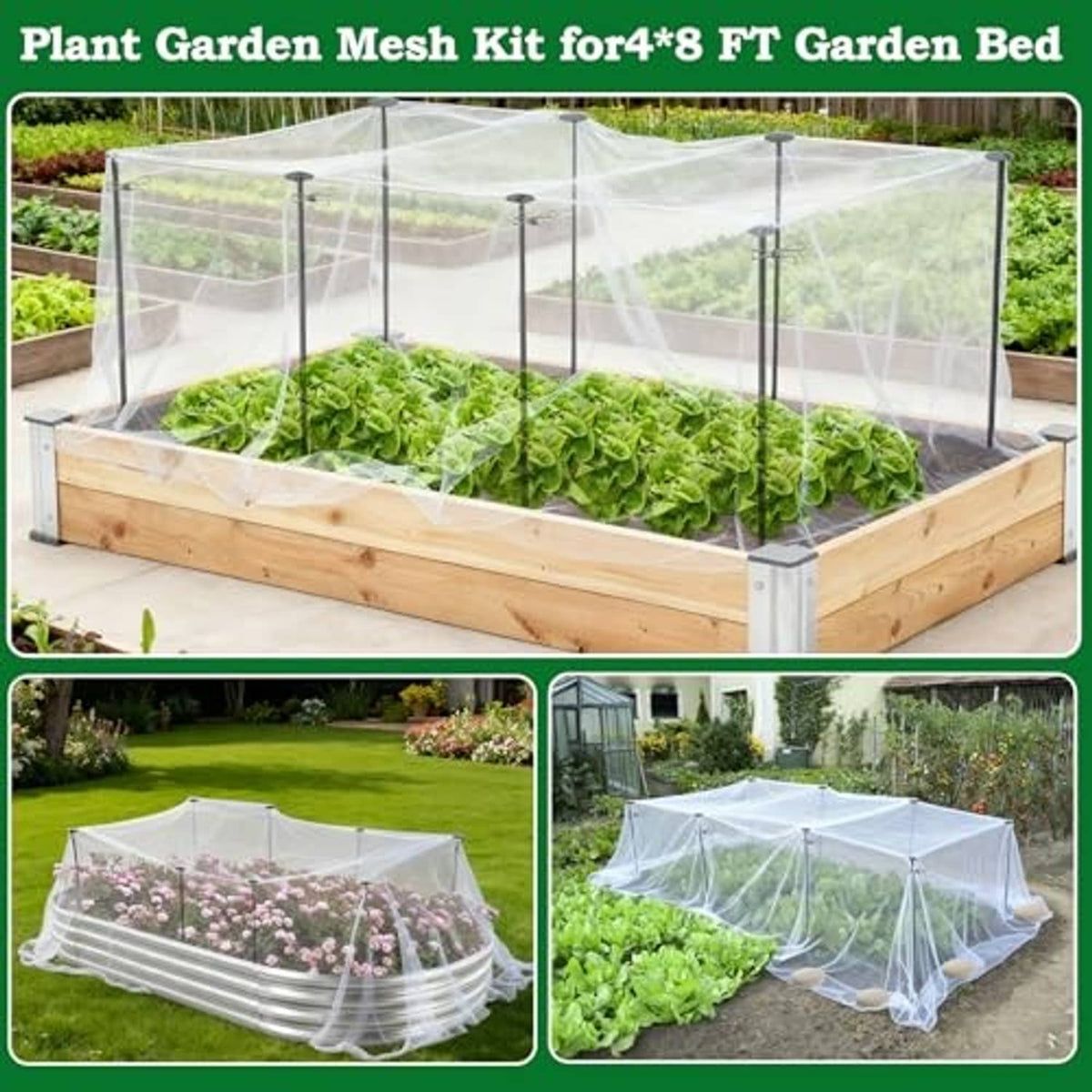 Garden mesh kit with white netting enclosure on a wooden 4x8ft raised bed