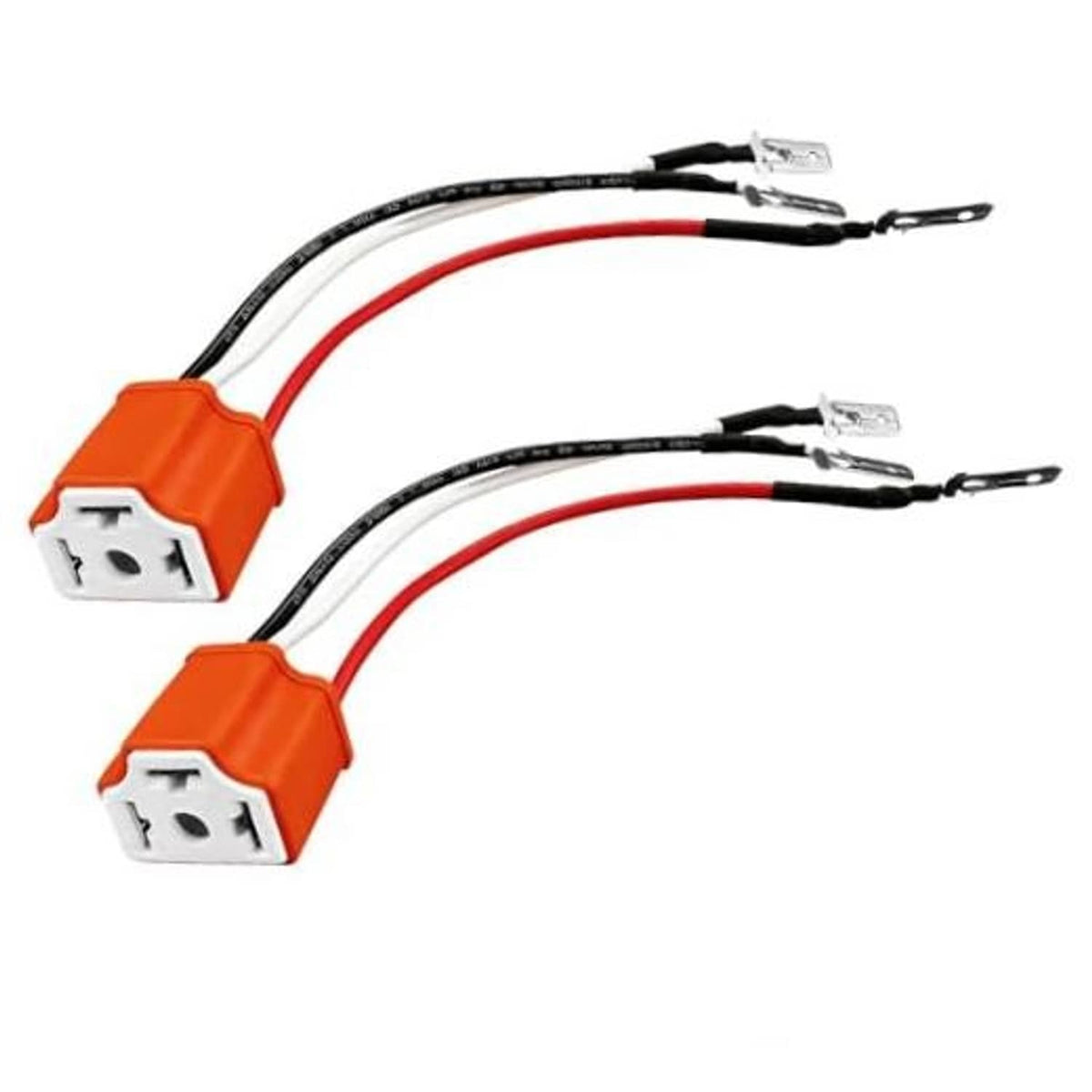 Two orange headlight pigtail connectors with black and red wire leads and metal terminals