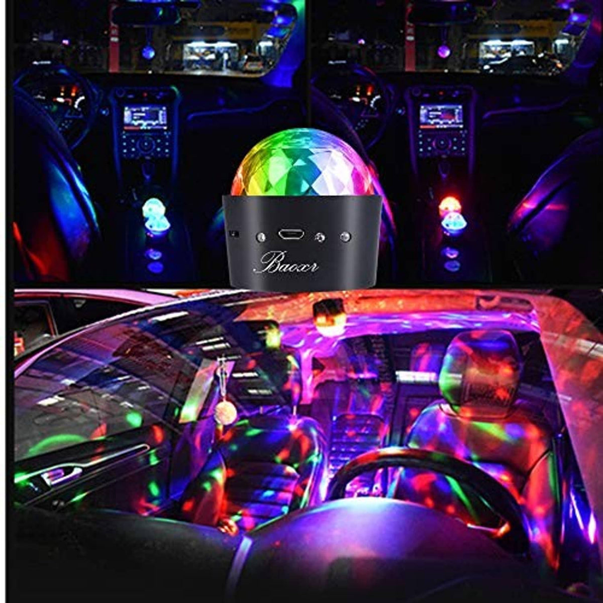 Mini disco light projecting colorful glow, rainbow dome on a black base