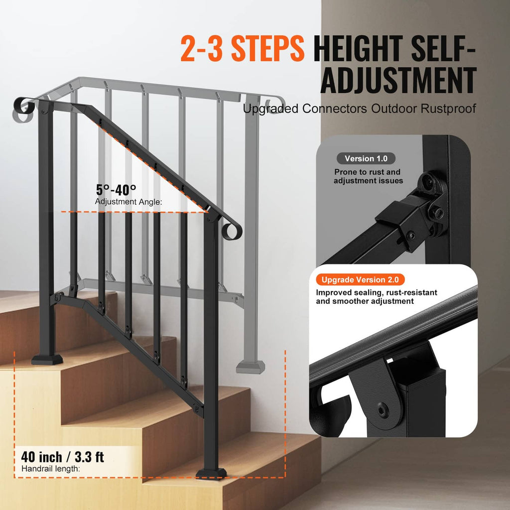 Black 2–3 step outdoor stair handrail showing adjustable height and angle connectors