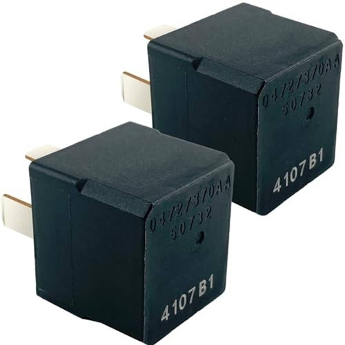 5-pin automotive relay, pair of dark blue relays with side spade terminals and printed code
