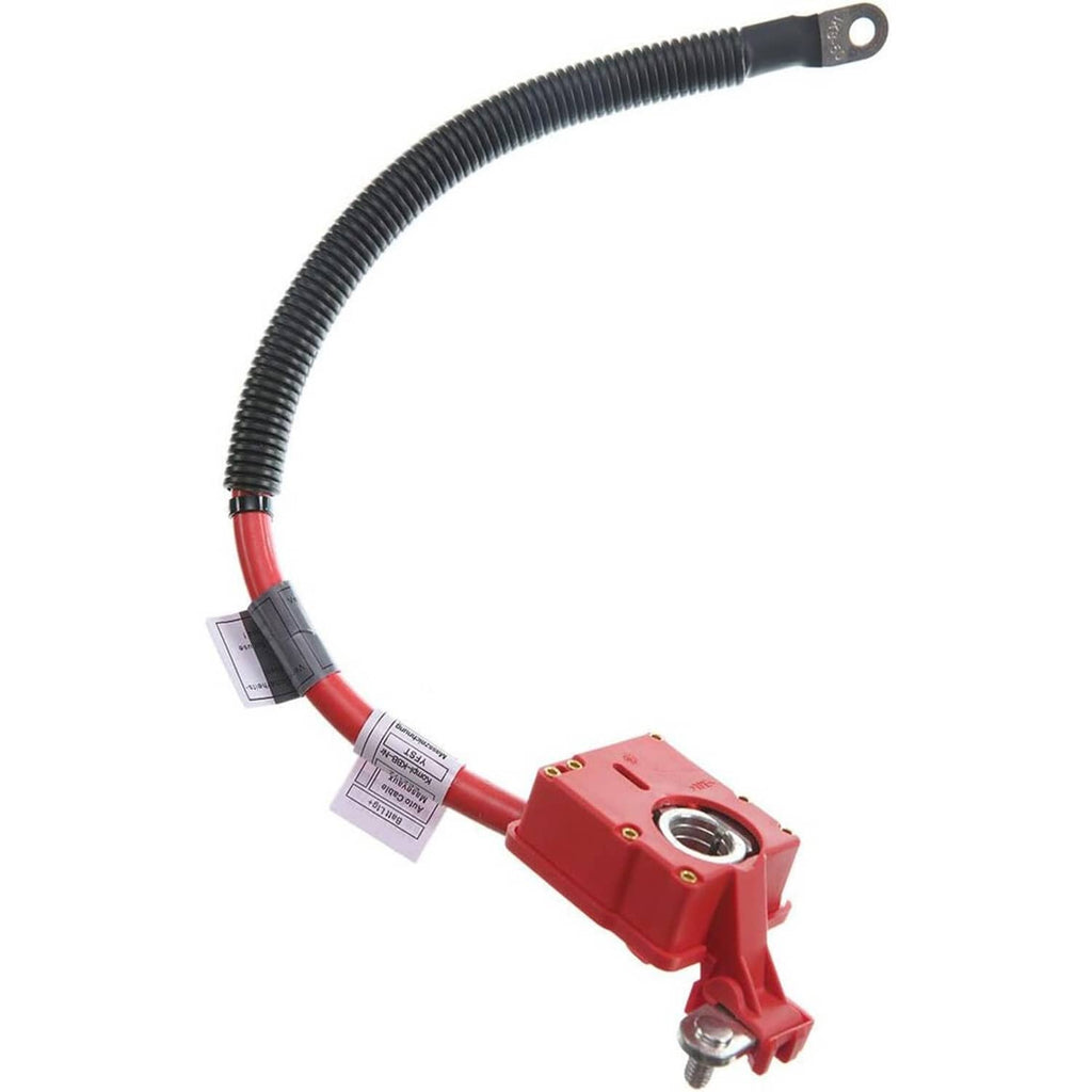 Red positive battery cable with black conduit and metal mounting lug terminal