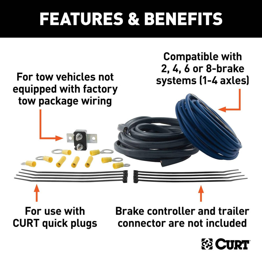 Trailer brake wiring kit for 2-, 4-, 6- or 8-brake systems with harness connectors