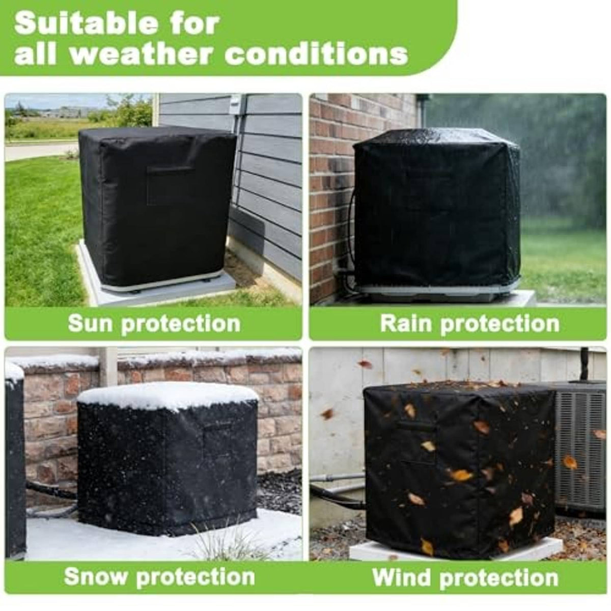 Black outdoor AC cover protecting against sun, rain, snow, and wind.