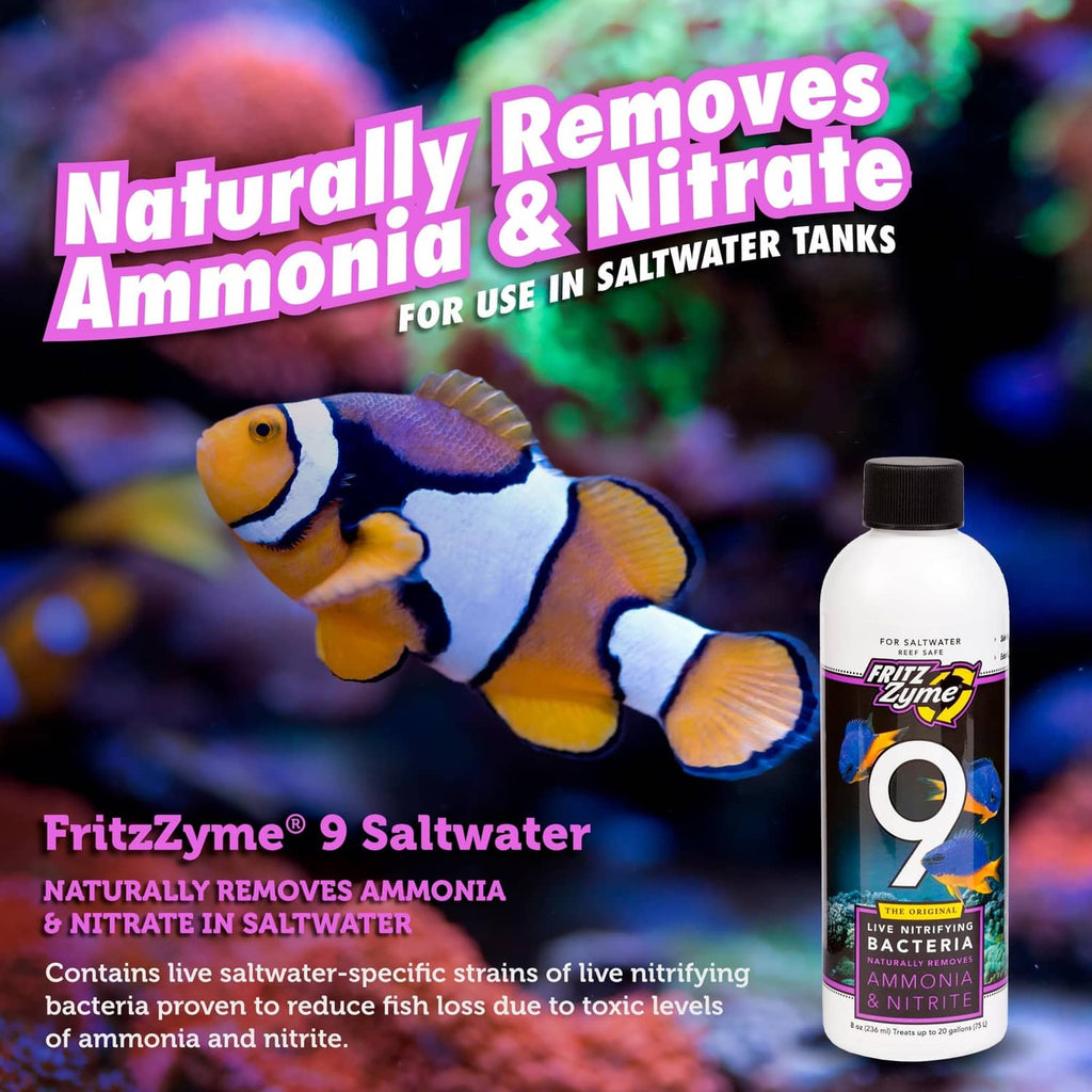 Live nitrifying bacteria bottle for saltwater, FritzZyme 9, removes ammonia & nitrite.
