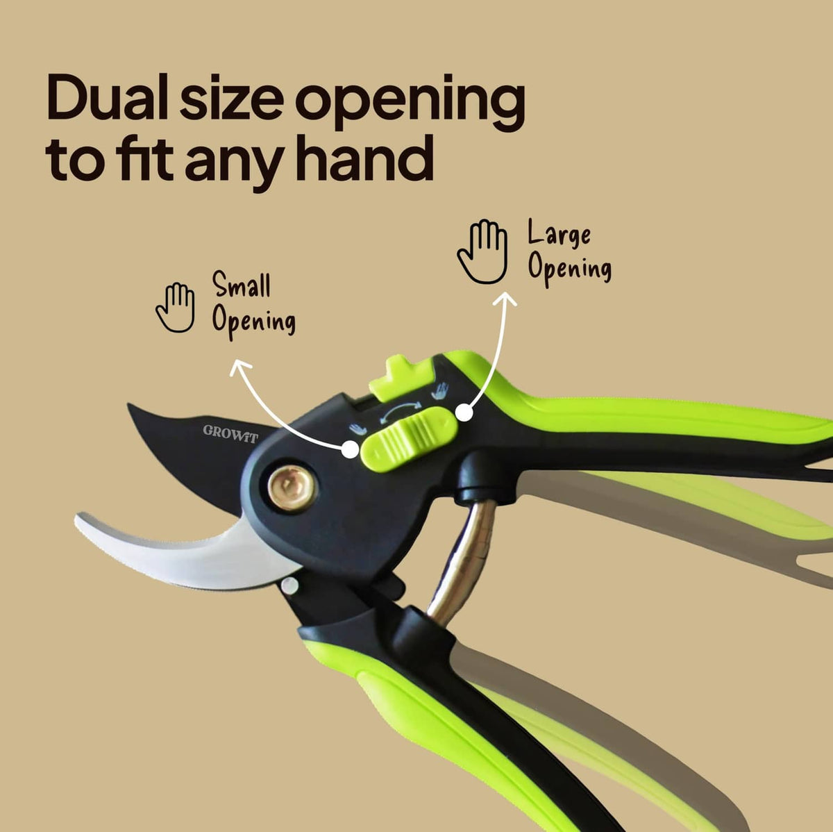 Bypass pruning shears diagram with dual-size hand opening and green trigger