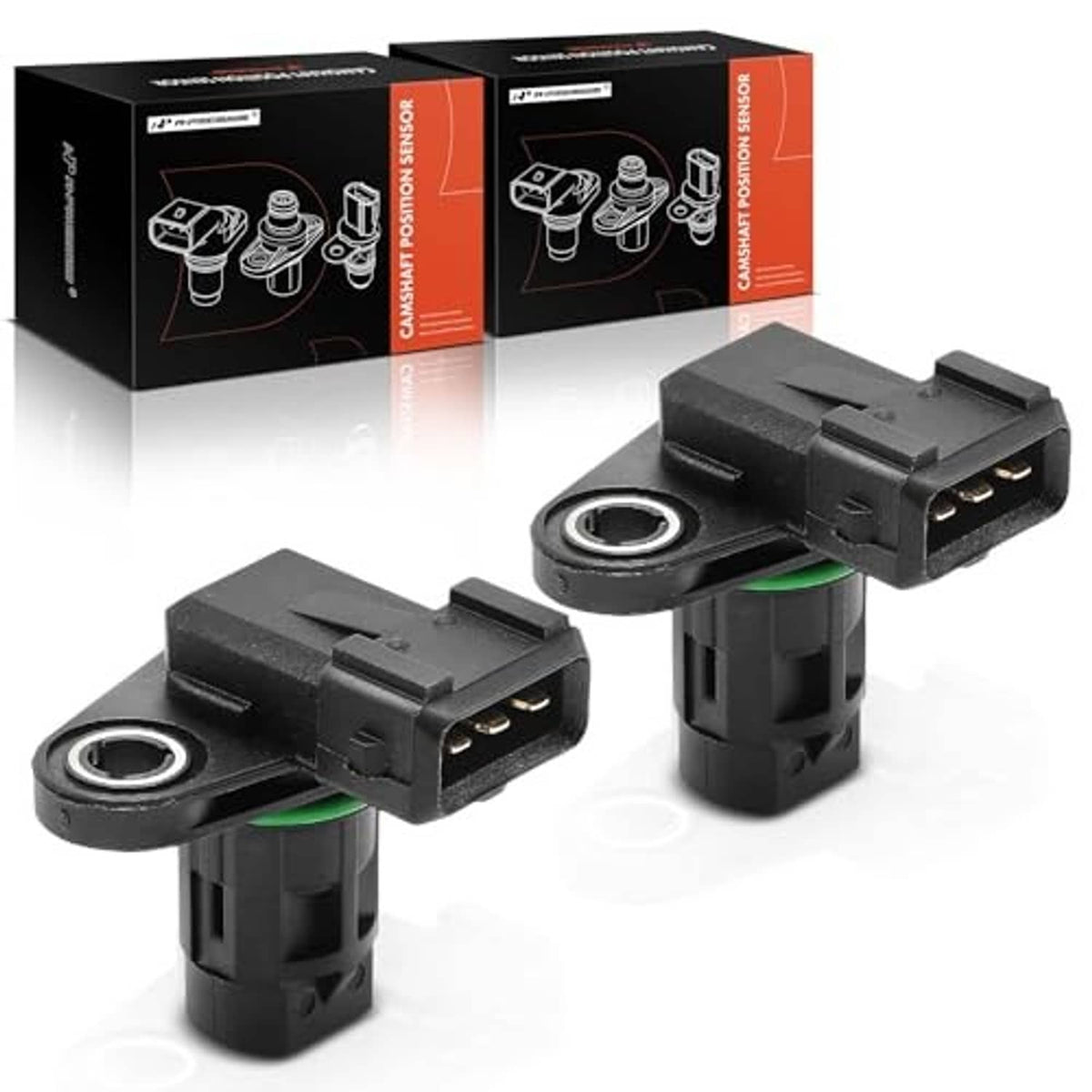 Two engine camshaft position sensors with black housing, green seal ring, and 3-pin plugs