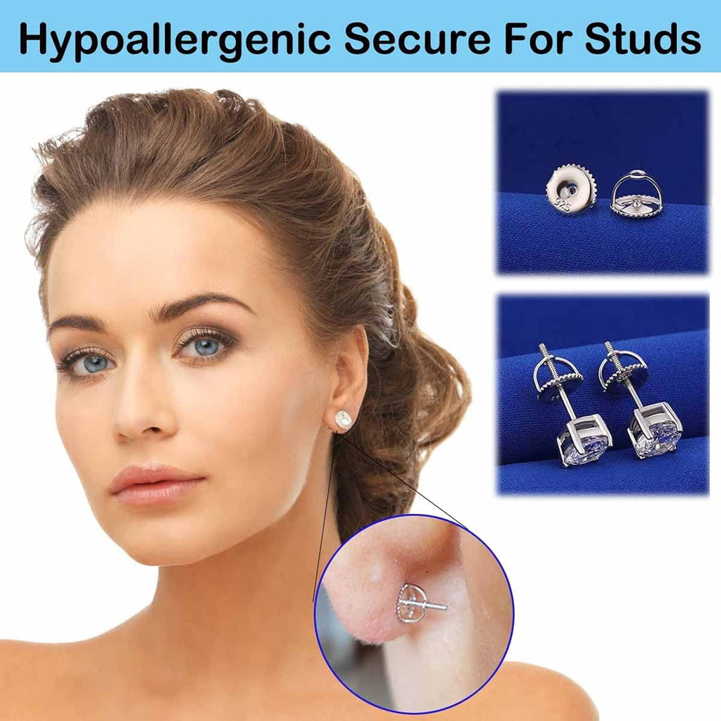 Sterling silver screw earring backs secured on studs, shown on ear with inset