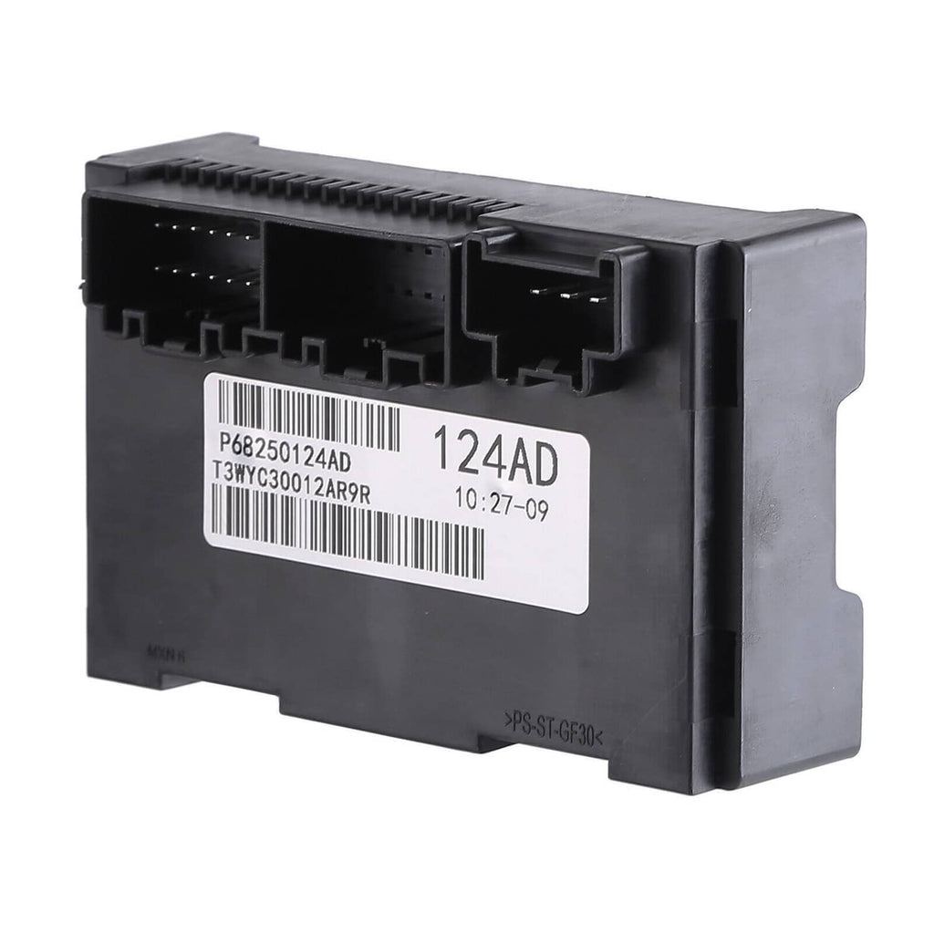 Black transfer case control module with wiring connectors and 124AD barcode label