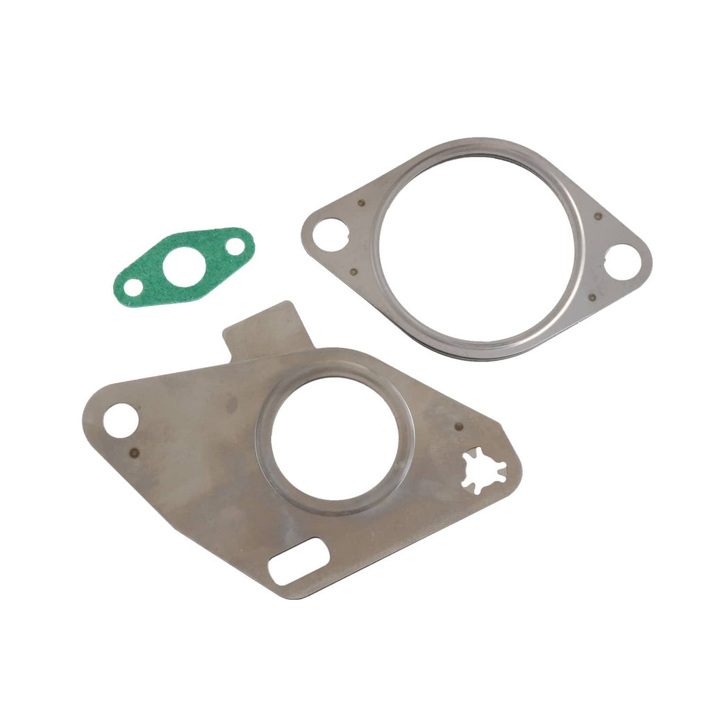 Turbocharger gasket and sealing ring set with two metal plates and green gasket