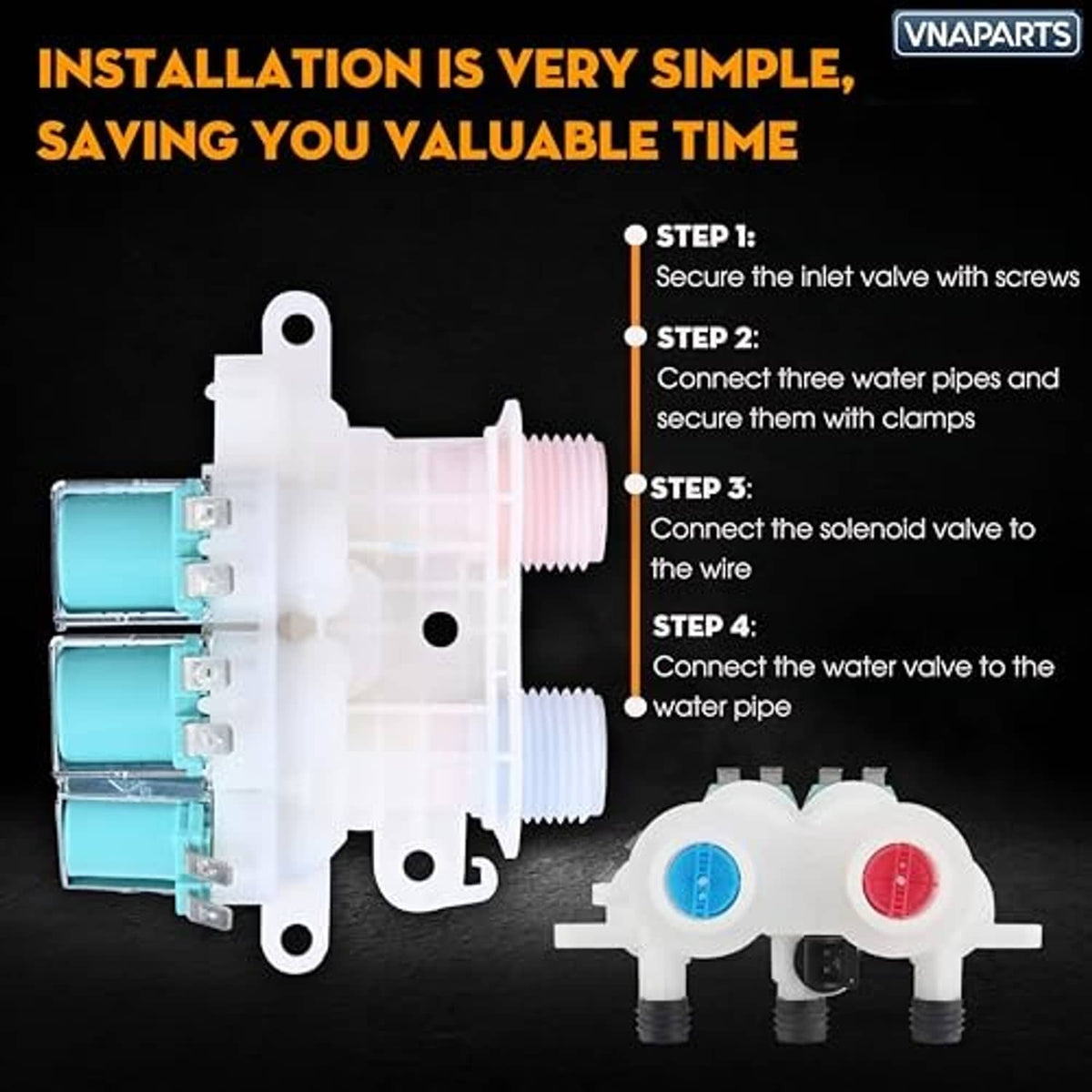 Water inlet valve with teal coil modules, threaded outlets, and inlet fittings