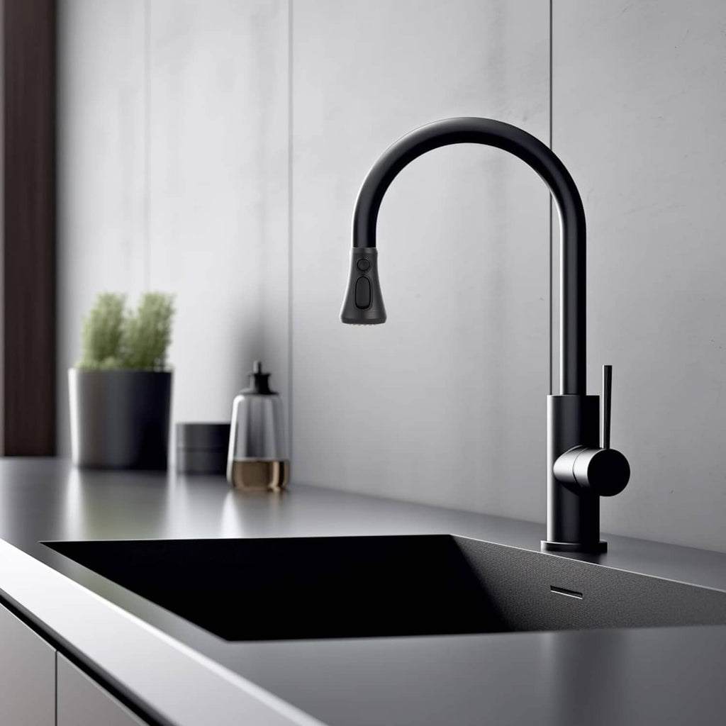 Black pull-down kitchen faucet with arched spout and handheld sprayer control