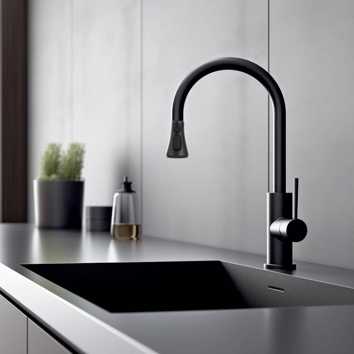 Black pull-down kitchen faucet with arched spout and handheld sprayer control