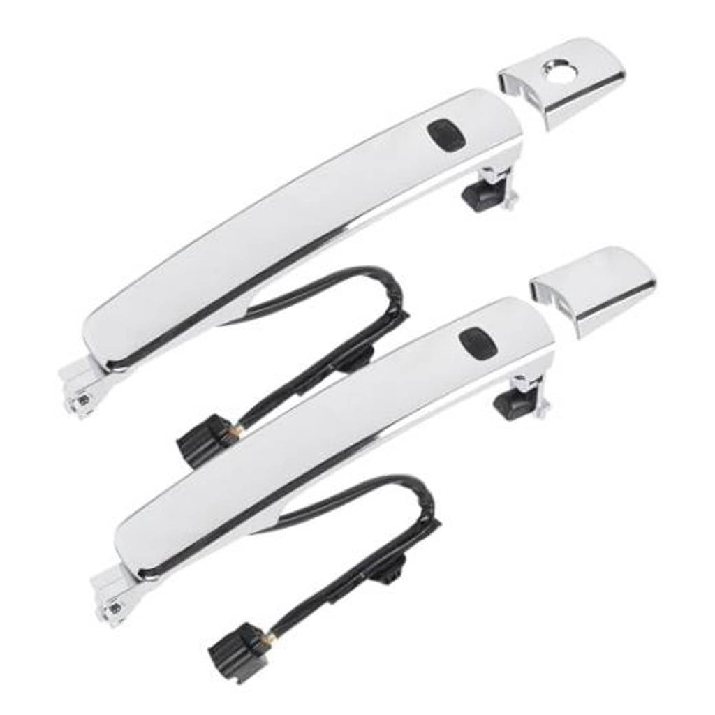 Chrome exterior door handle set with black smart-key wiring and mounting hardware.