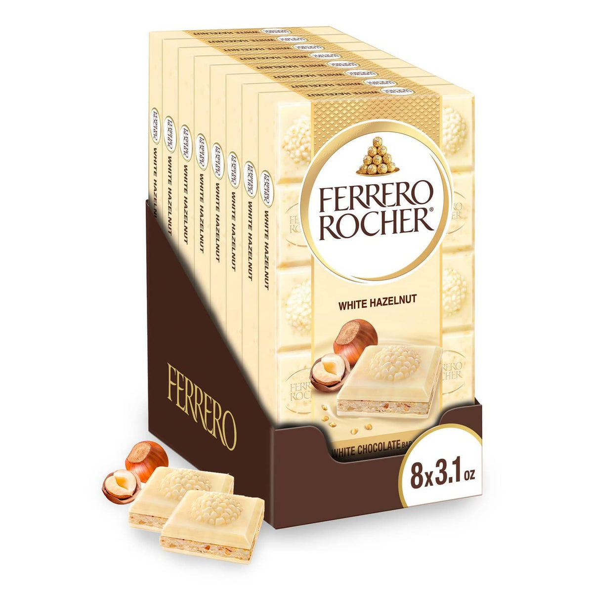 Ferrero Rocher white hazelnut chocolate bars 8-pack carton