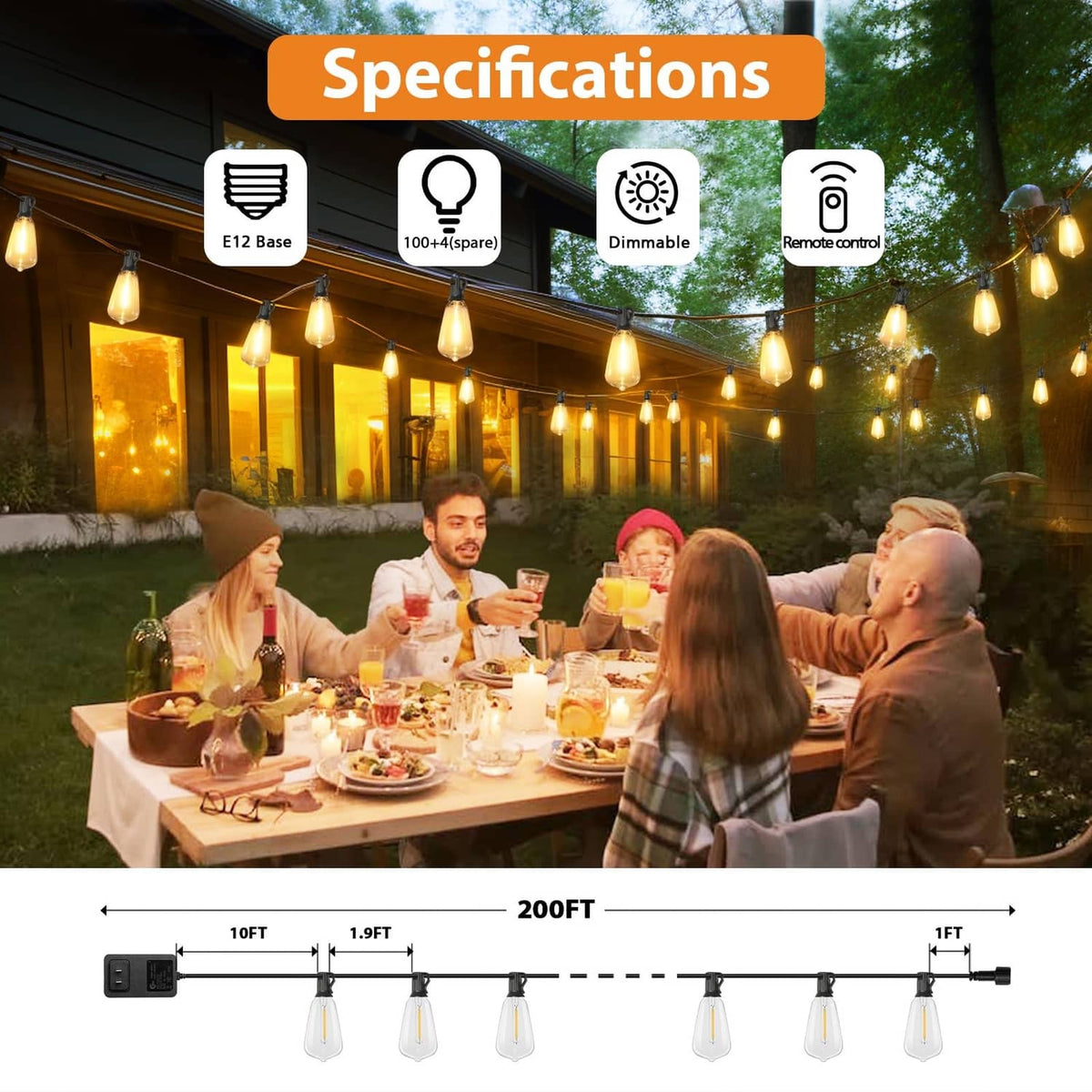 Outdoor string lights on a house patio with glowing clear bulbs and remote control