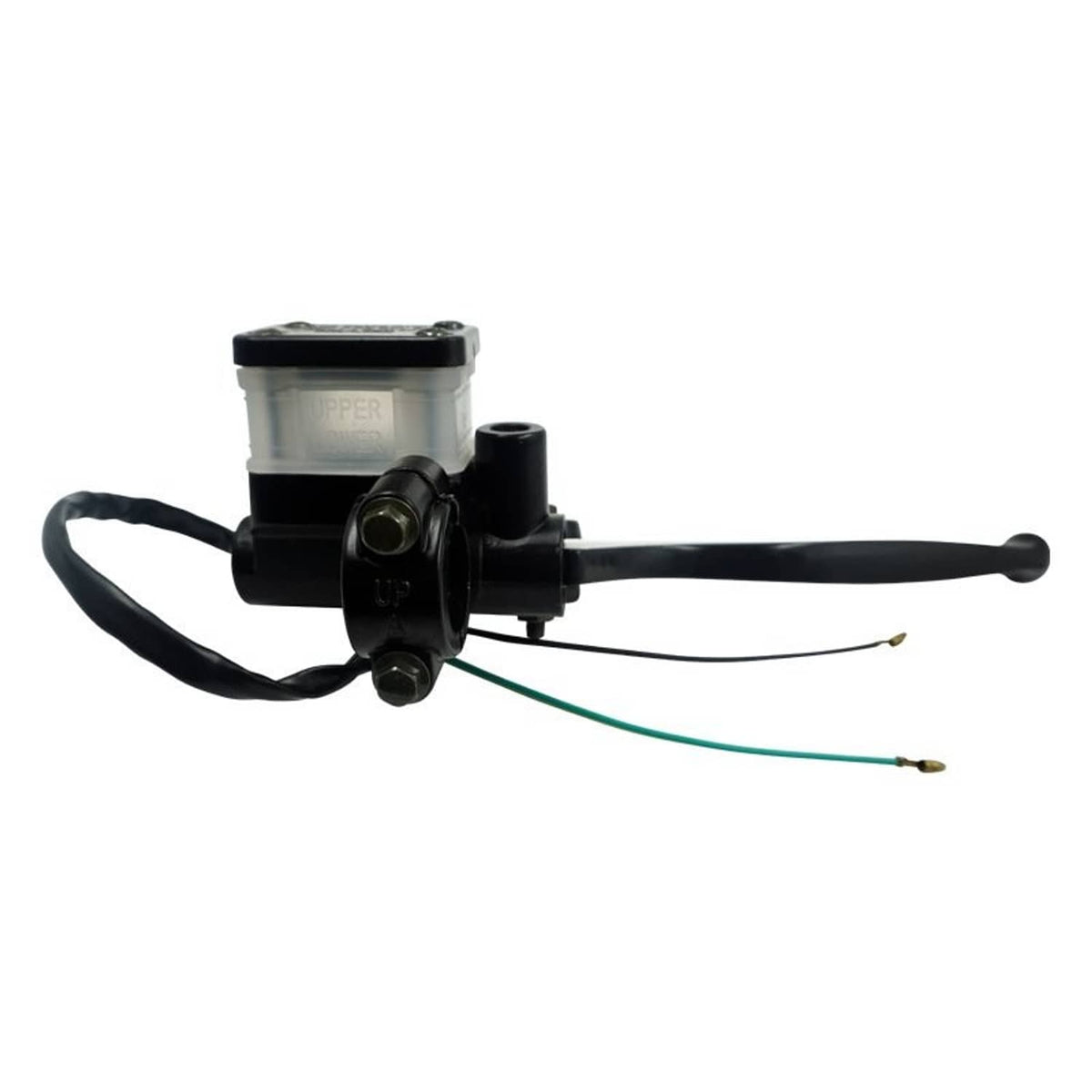 Front brake master cylinder with translucent reservoir, black lever, and wire leads