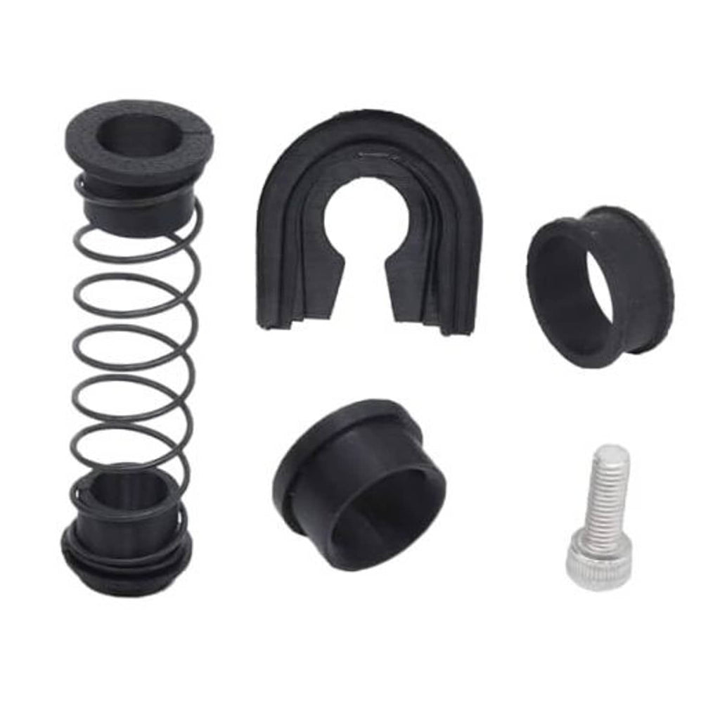 Black gearbox repair kit components: spring, U-shaped bushing, sleeve, and screw