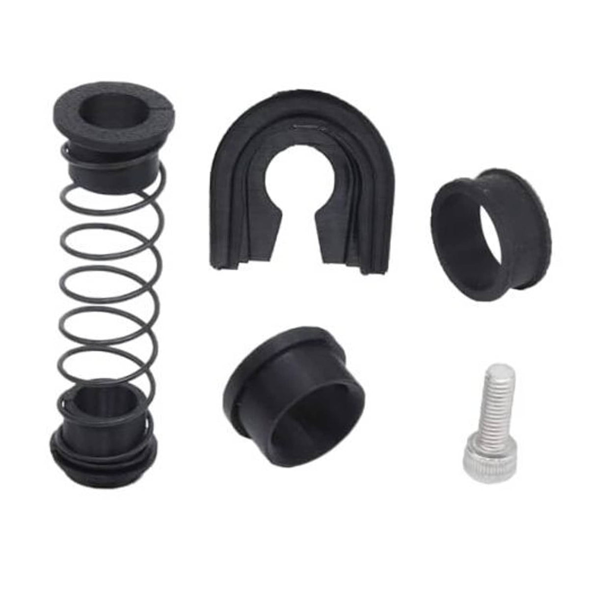 Black gearbox repair kit components: spring, U-shaped bushing, sleeve, and screw
